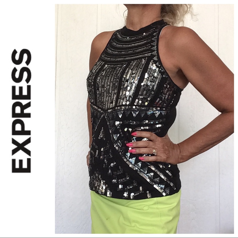 EXPRESS BLACK SEQUIN FRONT HALTER NECK TANK TOP… - Picture 2 of 12